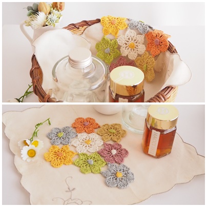 カギ編みモチーフつなぎ、crocheted flower motifs